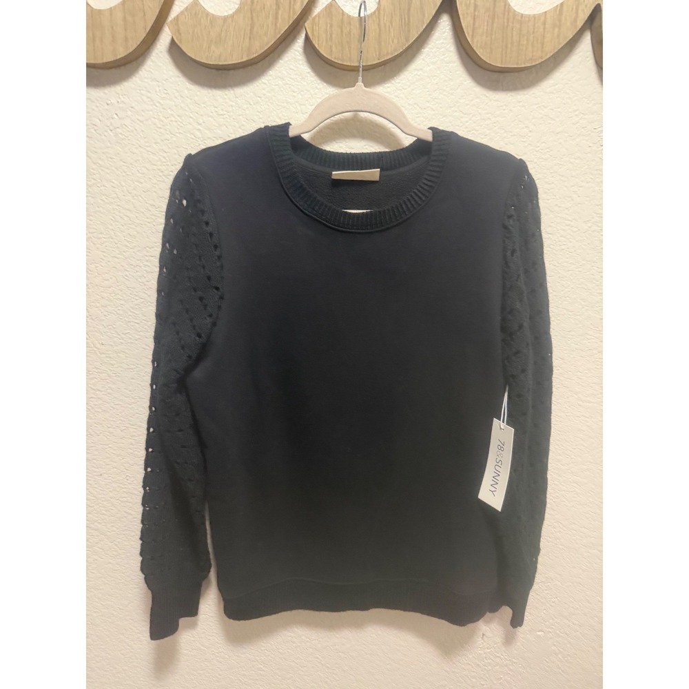78&Sunny Womens Black Pointelle Knit Puff Sleeve Crewneck Sweatshirt Large